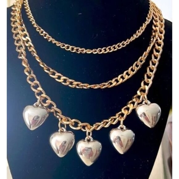 Urban Outfitters 3 Chains Gold With Silver Heart Charms Layered Necklace - Picture 3 of 3